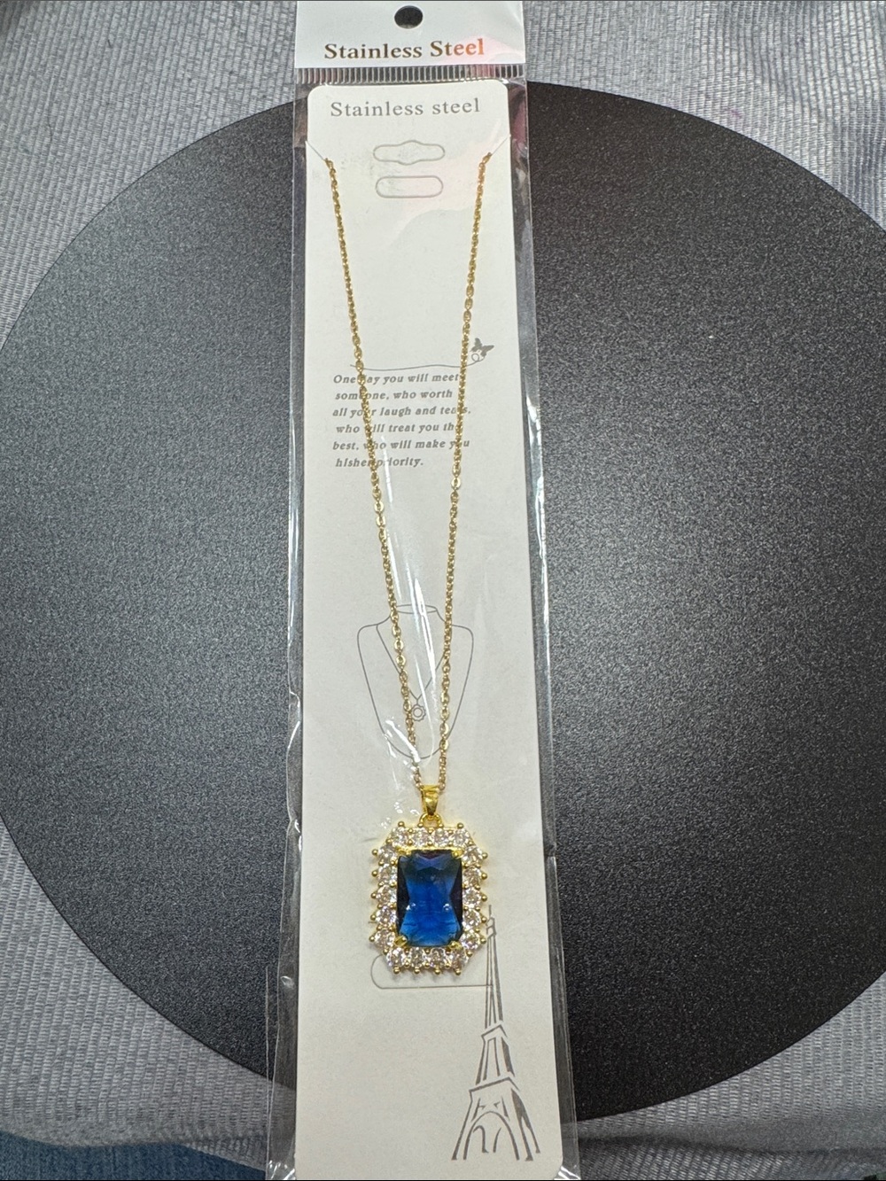 Source Unknown Gold Necklace with Deep Blue Crystal and Clear Accents Modern